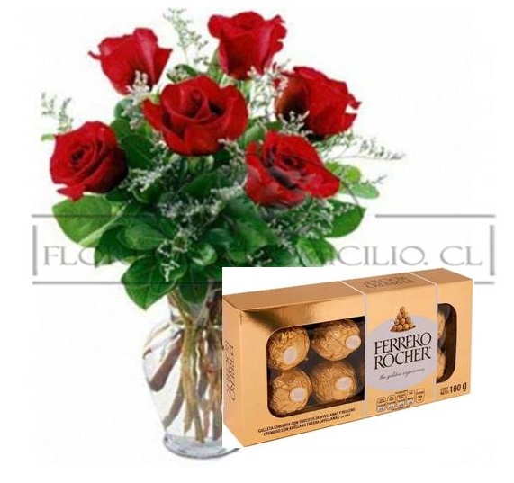 Florero de 06 Rosas ms Bombones Ferrero Rocher de 100 Grs